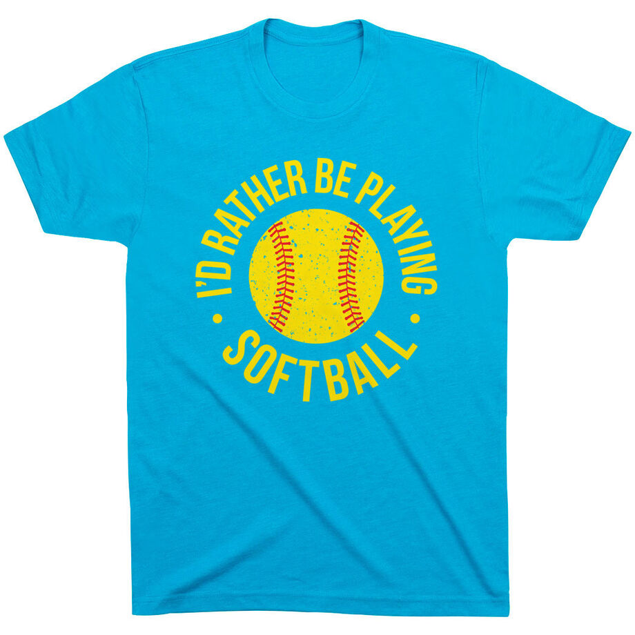Softball T-Shirt Short Sleeve - I'd Rather Be Playing Softball Distressed [Youth Small/Turquoise] - SS