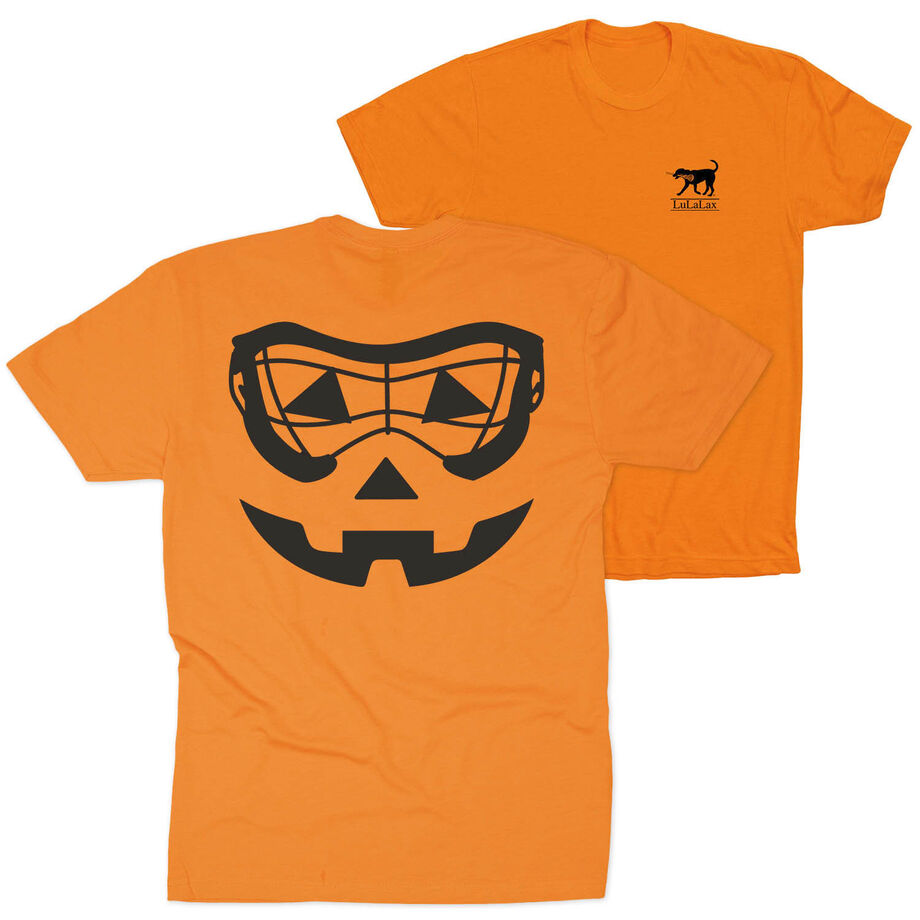 Girls Lacrosse Short Sleeve Tee - Lacrosse Goggle Pumpkin Face (Back Design)