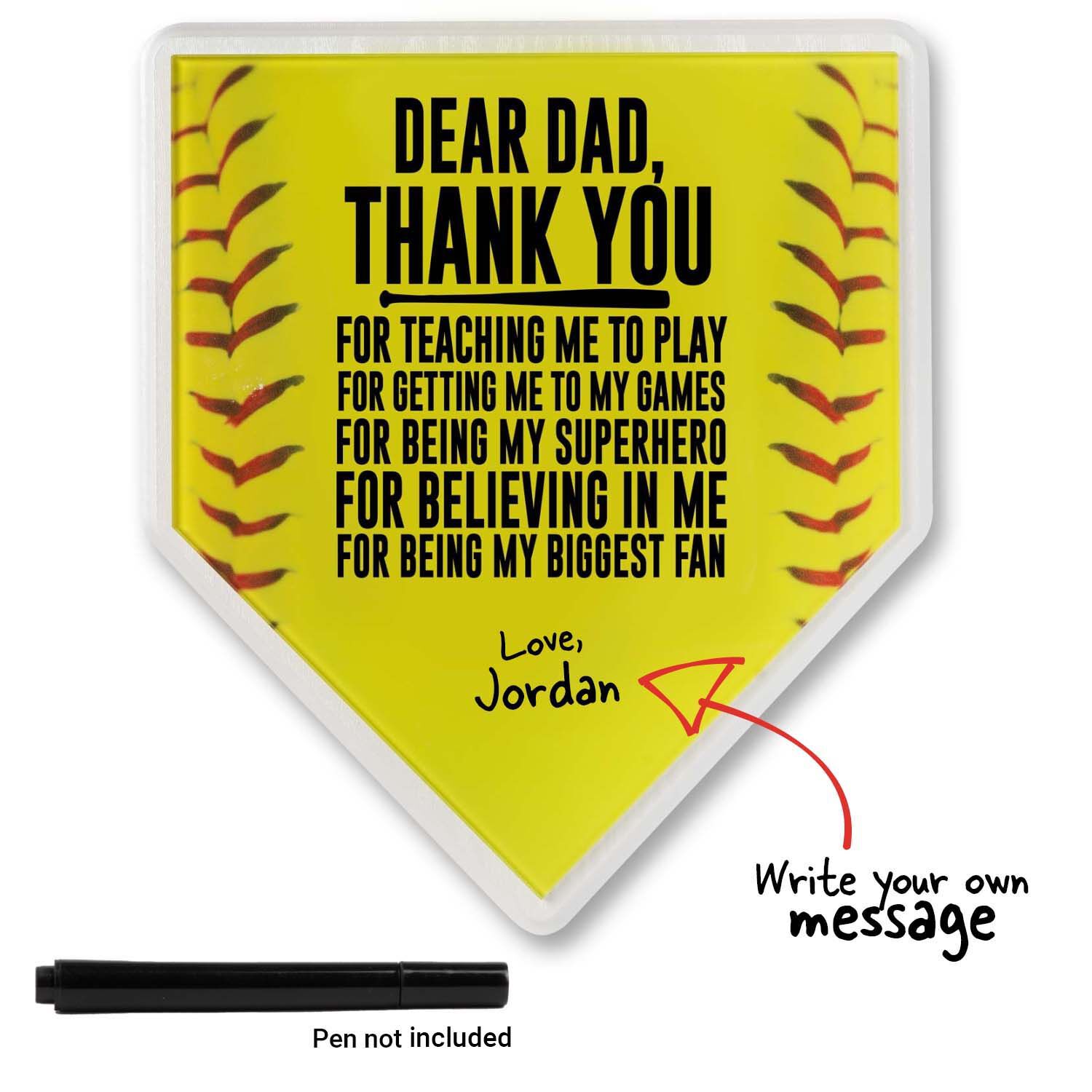 ChalkTalkSPORTS Softball Stitches Home Plate Plaque Your Message to Dad Ready to Autograph 