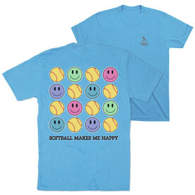 Softball Short Sleeve T-Shirt - Softball Makes Me Happy (Back Design)