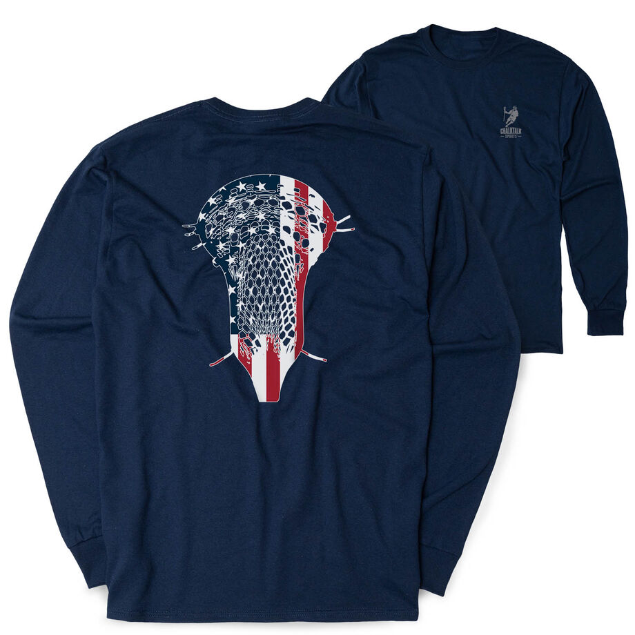 Guys Lacrosse Tshirt Long Sleeve - Patriotic Stick (Back Design)