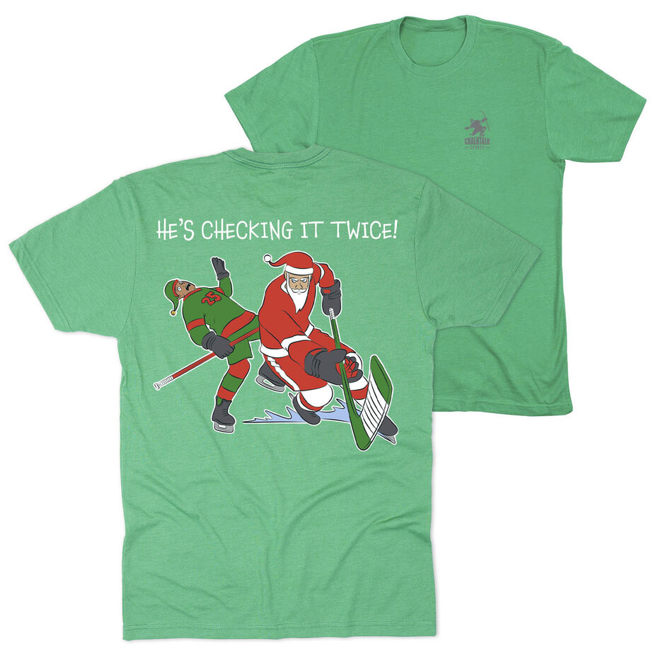 Hockey Short Sleeve T-Shirt - He's Checking It Twice (Back Design) 