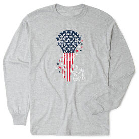 Girls Lacrosse Tshirt Long Sleeve - Patriotic Lax Girl [Youth Large/Gray] - SS
