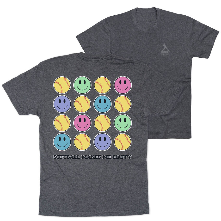 Softball Short Sleeve T-Shirt - Softball Makes Me Happy (Back Design)
