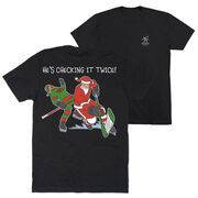 Hockey Short Sleeve T-Shirt - He's Checking It Twice (Back Design) 