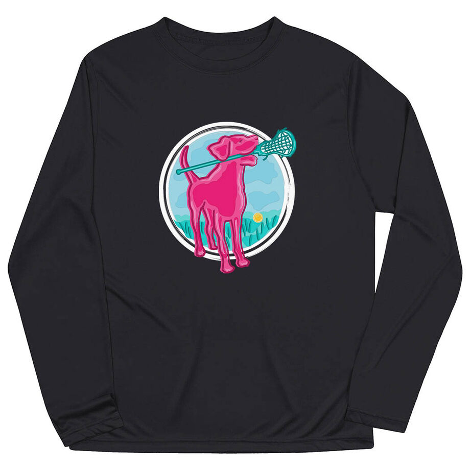 Girls Lacrosse Long Sleeve Performance Tee - Lacrosse Dog with Girl Stick