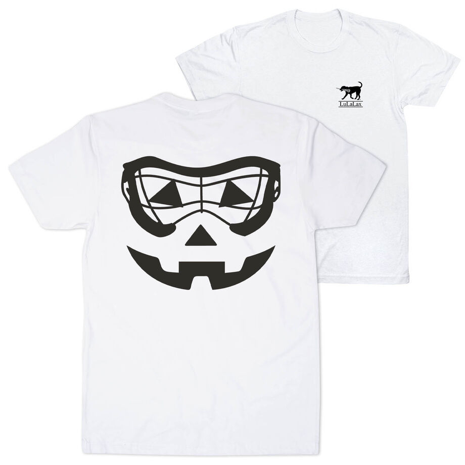 Girls Lacrosse Short Sleeve Tee - Lacrosse Goggle Pumpkin Face (Back Design)