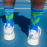 Pickleball Woven Mid-Calf Socks - Crossed Paddles - Blue/Green