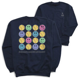 Softball Crewneck Sweatshirt - Softball Makes Me Happy (Back Design) [Youth Large/Navy] - SS