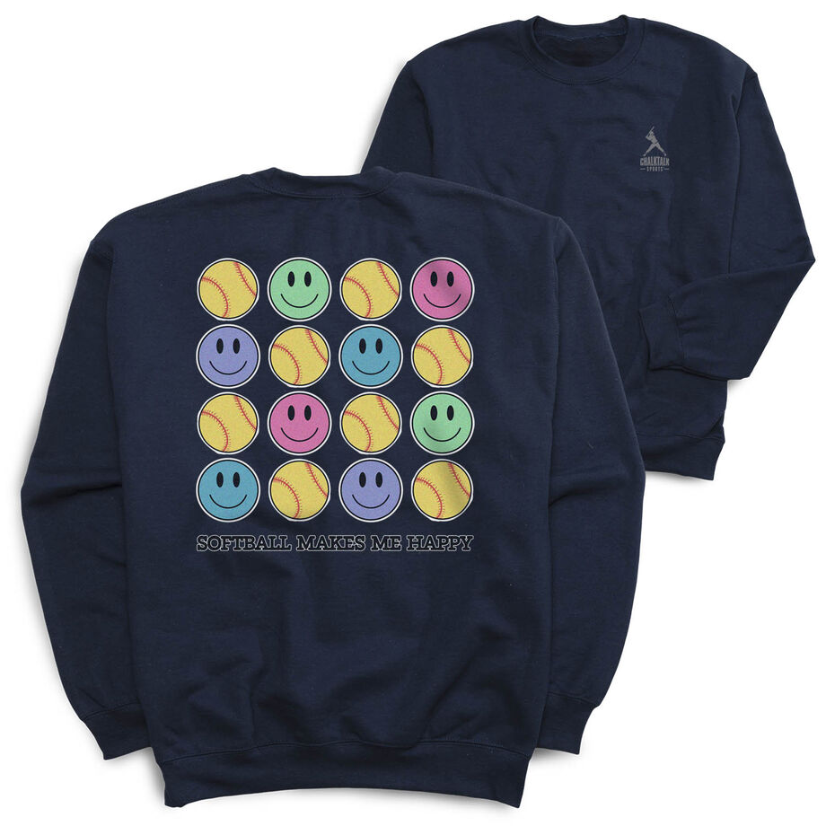 Softball Crewneck Sweatshirt - Softball Makes Me Happy (Back Design) [Youth Large/Navy] - SS