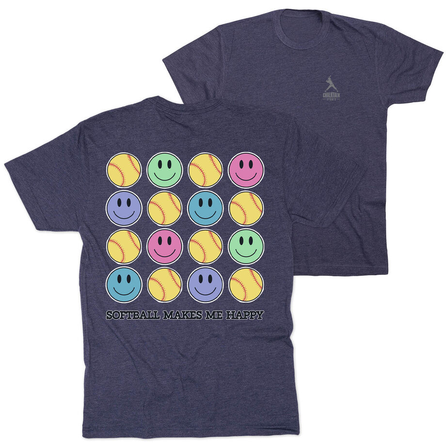 Softball Short Sleeve T-Shirt - Softball Makes Me Happy (Back Design)
