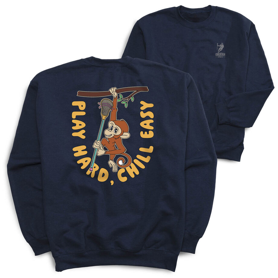 Guys Lacrosse Crewneck Sweatshirt - Play Hard, Chill Easy (Back Design)