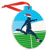 Soccer Round Ceramic Ornament - Guy Silhouette with Santa Hat