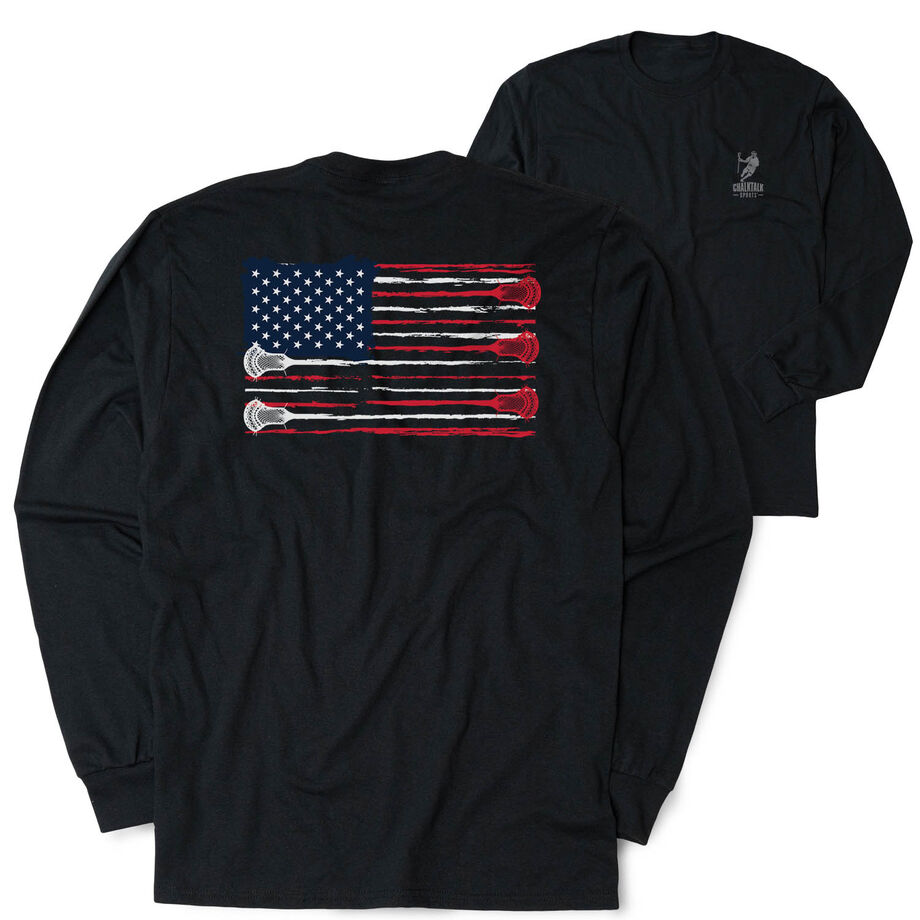 Guys Lacrosse Tshirt Long Sleeve - Amercian Flag (Back Design)
