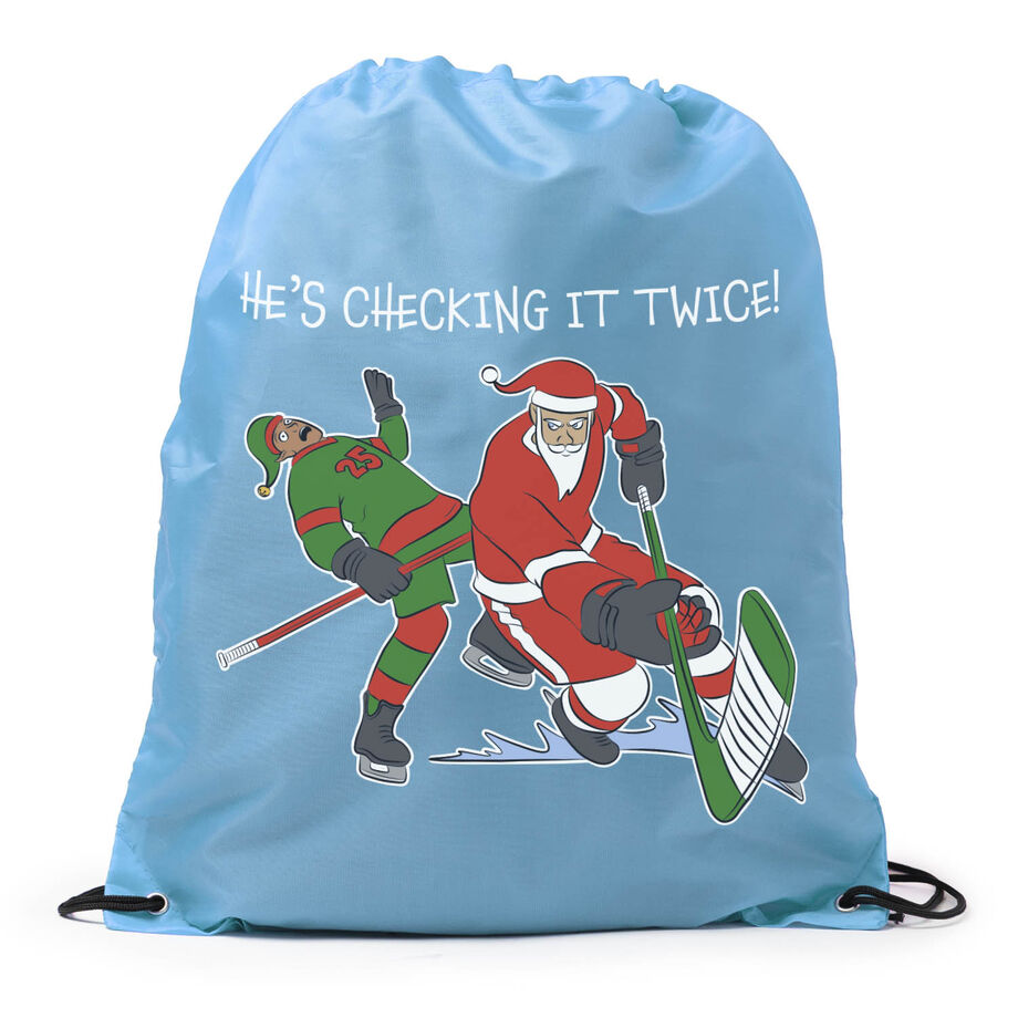 Hockey Drawstring Backpack - He's Checking It Twice