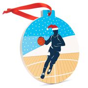Basketball Round Ceramic Ornament - Guy Silhouette with Santa Hat
