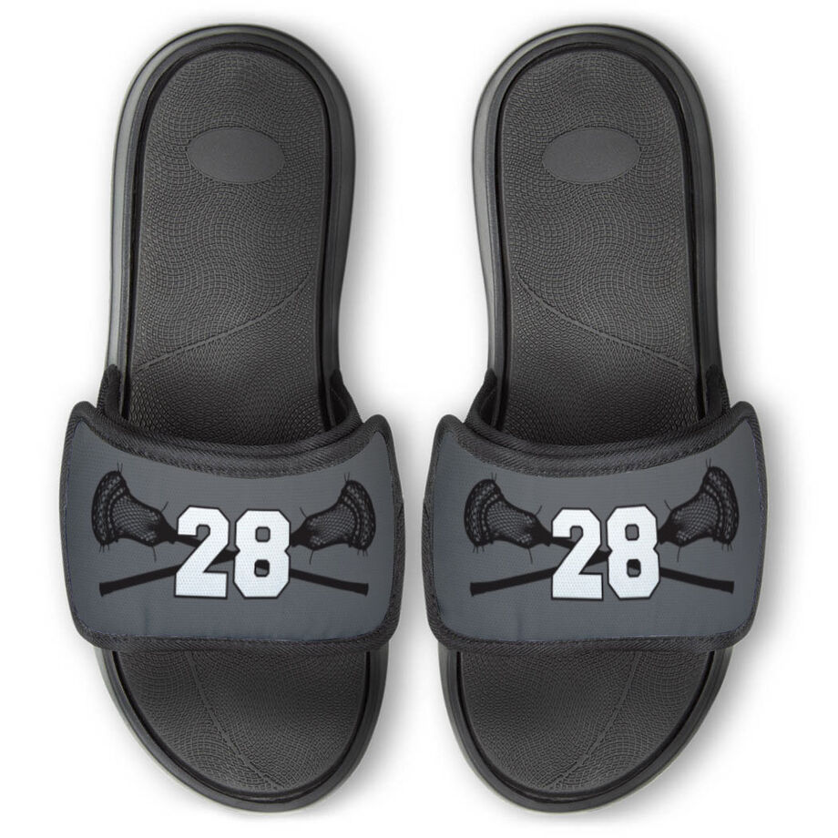 Guys Lacrosse Repwell&reg; Slide Sandals - Crossed Sticks with Number - Personalization Image
