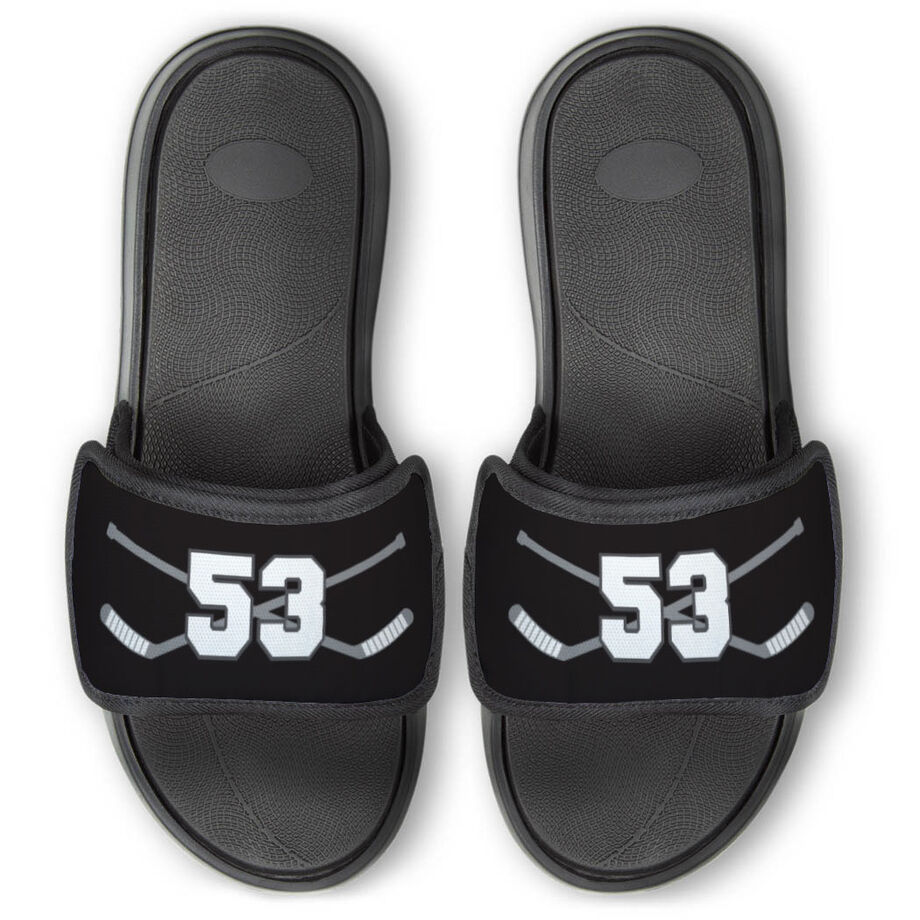 Hockey Repwell&reg; Slide Sandals - Hockey Crossed Sticks with Number