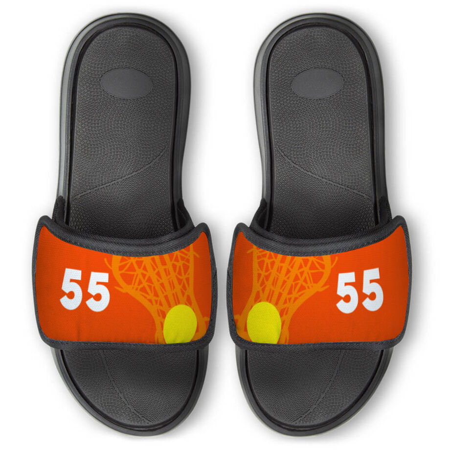 Girls Lacrosse Repwell&reg; Slide Sandals - Stick and Number Reflected - Personalization Image