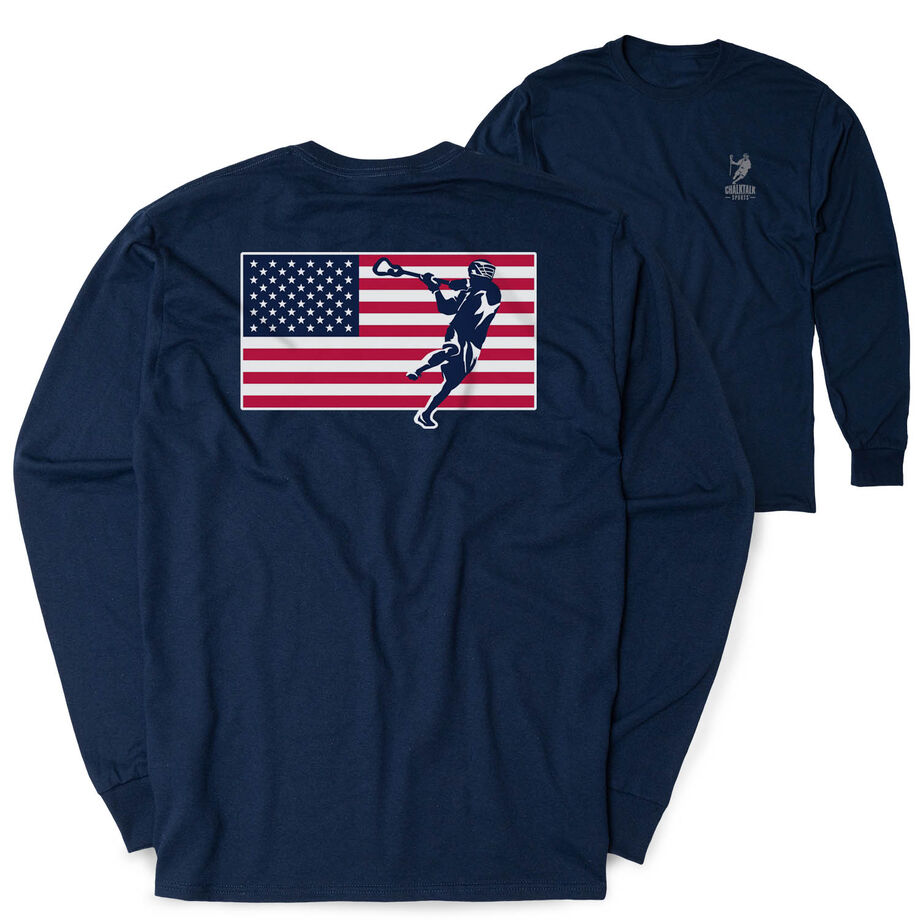 Guys Lacrosse Tshirt Long Sleeve - Patriotic Lacrosse (Back Design)