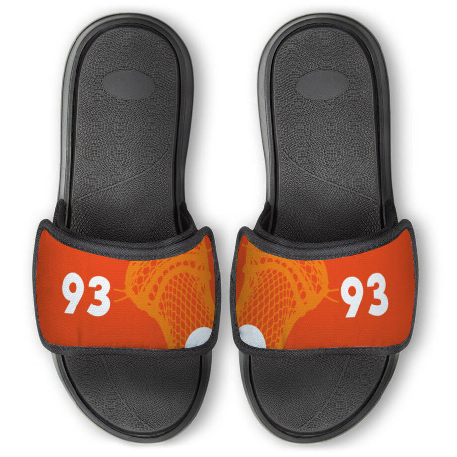 Guys Lacrosse Repwell&reg; Slide Sandals - Stick and Number Reflected - Personalization Image