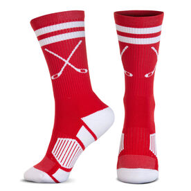 Hockey Woven Mid-Calf Socks - Classic Stripe Crossed Sticks (Red/White)