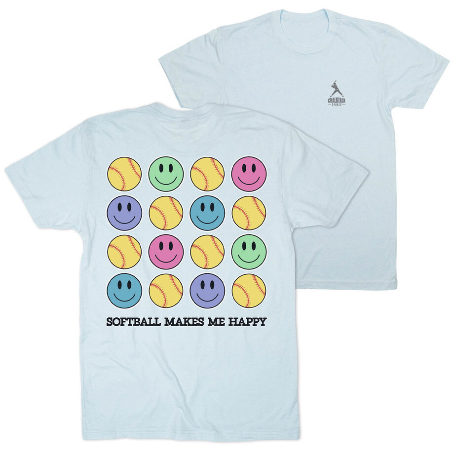 Softball Short Sleeve T-Shirt - Softball Makes Me Happy (Back Design)