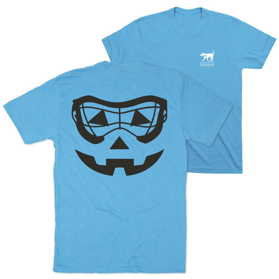 Girls Lacrosse Short Sleeve Tee - Lacrosse Goggle Pumpkin Face (Back Design)