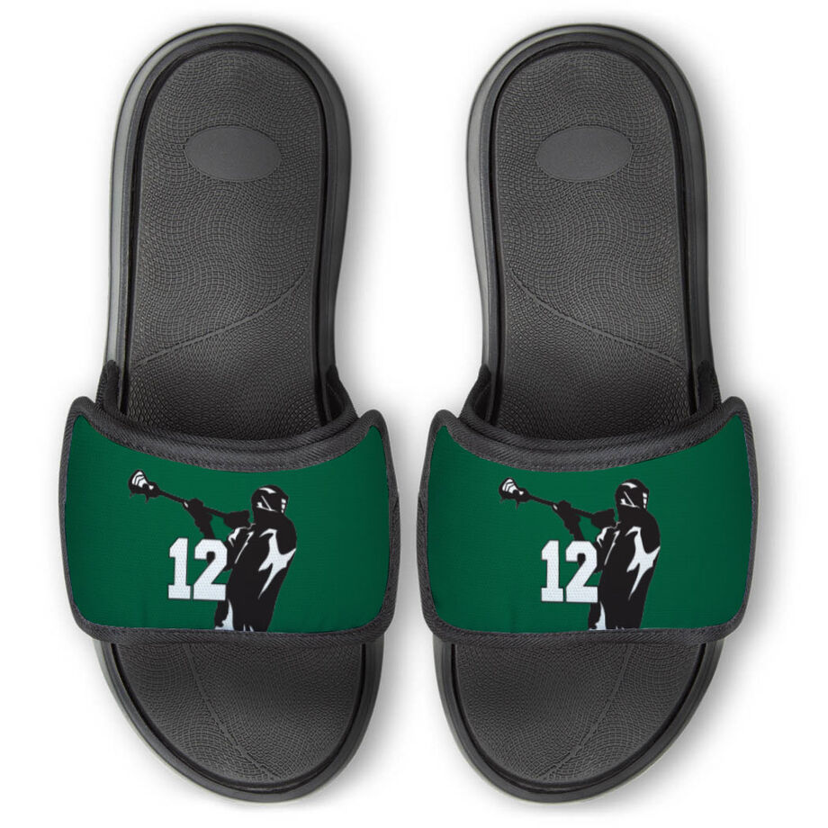 Guys Lacrosse Repwell&reg; Slide Sandals - Lax Jumpshot with Number - Personalization Image
