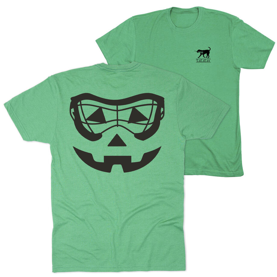 Girls Lacrosse Short Sleeve Tee - Lacrosse Goggle Pumpkin Face (Back Design)