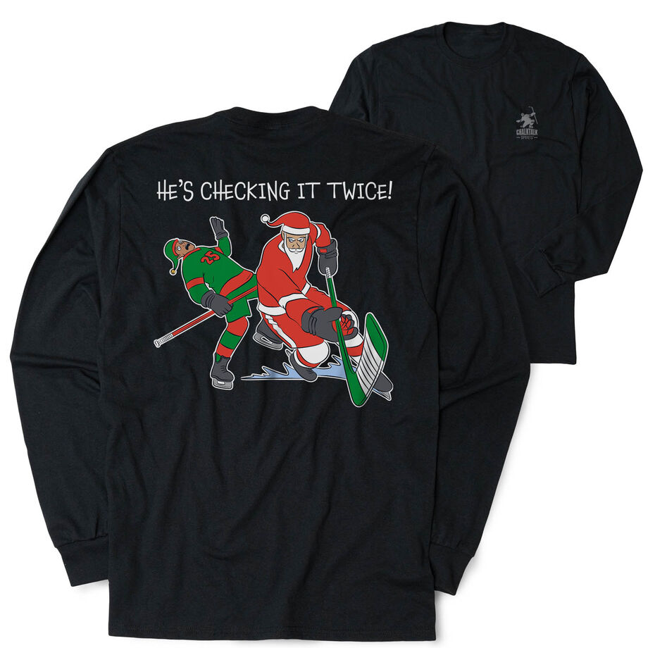 Hockey Tshirt Long Sleeve - He's Checking It Twice (Back Design) 