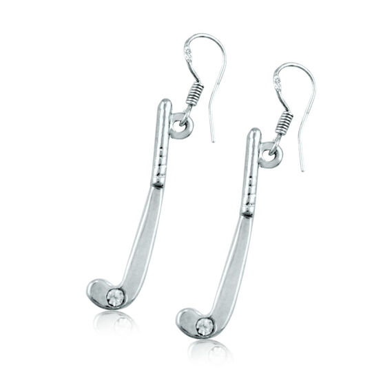 Silver Field Hockey Stick Pendant Earrings with Cubic Zirconias