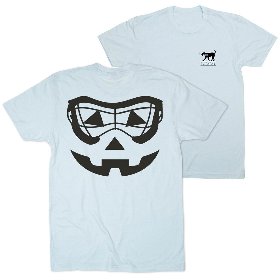 Girls Lacrosse Short Sleeve Tee - Lacrosse Goggle Pumpkin Face (Back Design)