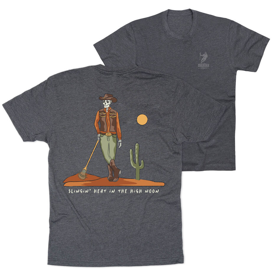 Guys Lacrosse Short Sleeve T-Shirt - Slingin Heat In The High Noon (Back Design)