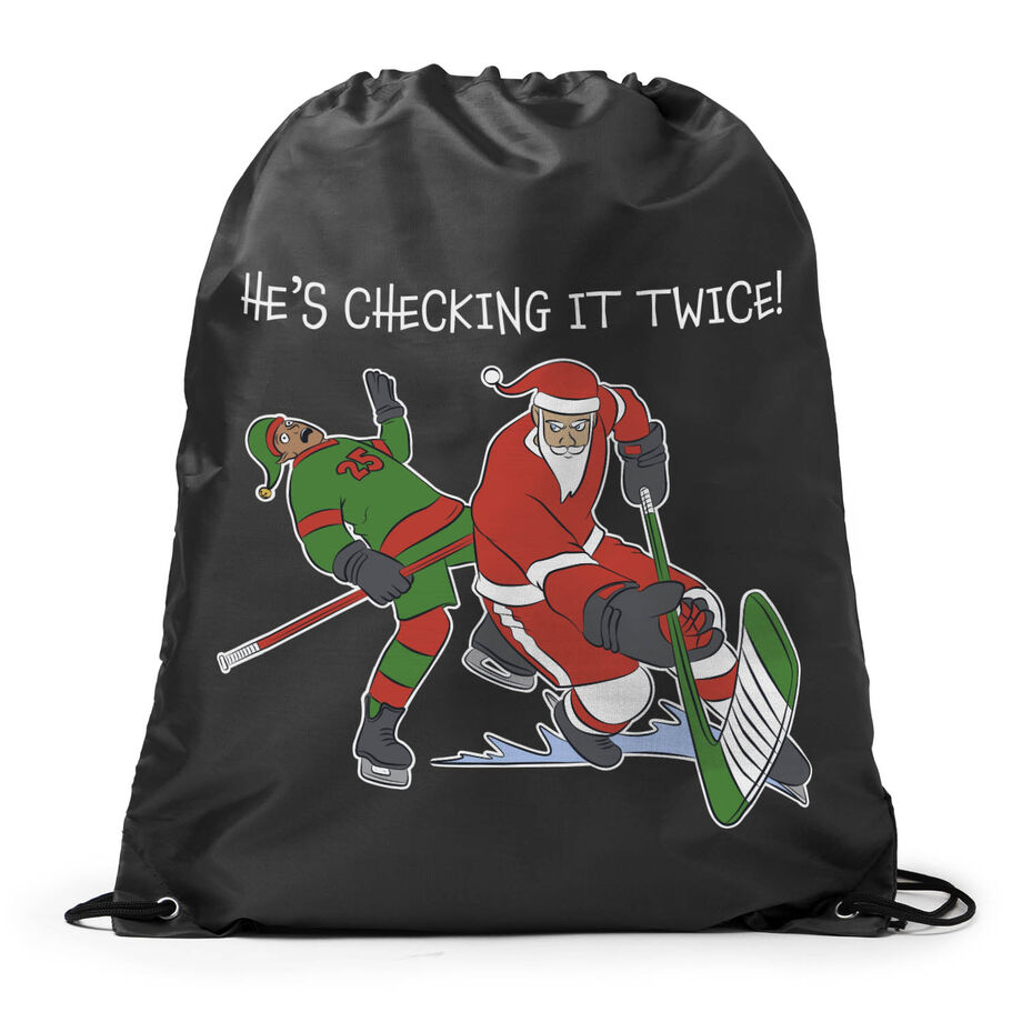 Hockey Drawstring Backpack - He's Checking It Twice