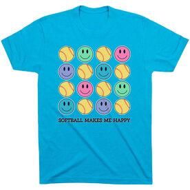 Softball Short Sleeve T-Shirt - Softball Makes Me Happy [Adult X-Small/Turquoise] - SS