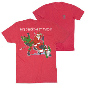 Hockey Short Sleeve T-Shirt - He's Checking It Twice (Back Design) 