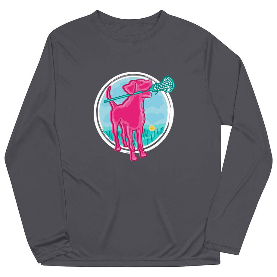 Girls Lacrosse Long Sleeve Performance Tee - Lacrosse Dog with Girl Stick