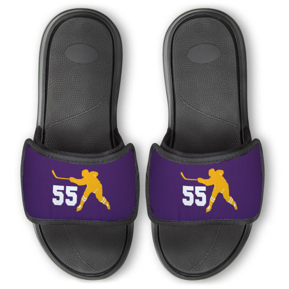 Hockey Repwell&reg; Slide Sandals - Hockey Slapshot with Number - Personalization Image