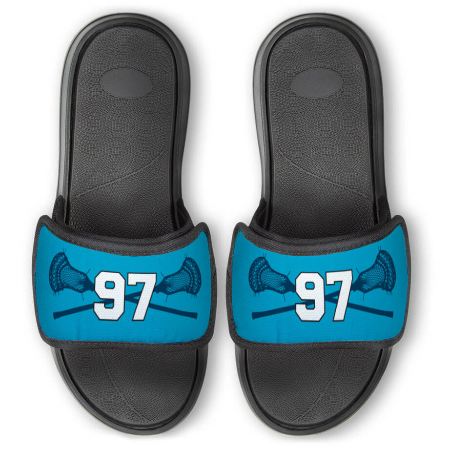 Guys Lacrosse Repwell&reg; Slide Sandals - Crossed Sticks with Number - Personalization Image