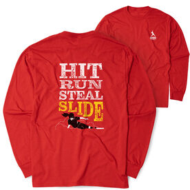 Softball Tshirt Long Sleeve - Hit Run Steal Slide (Back Design)
