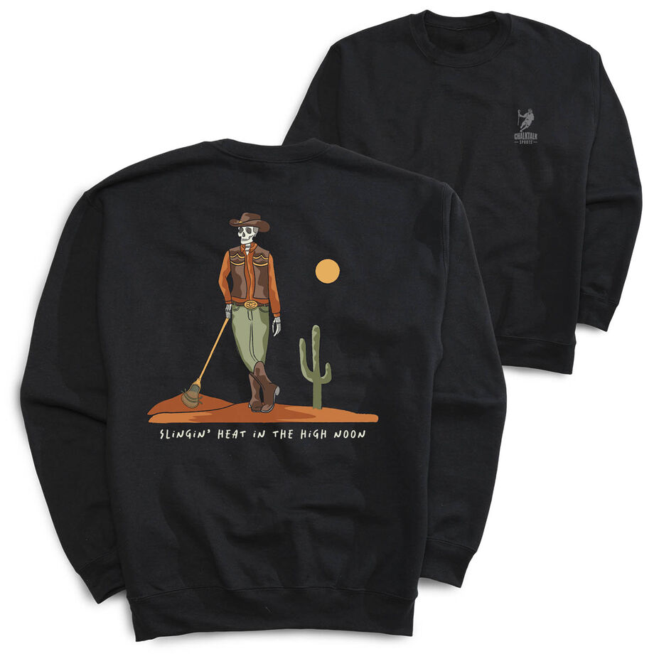 Guys Lacrosse Crewneck Sweatshirt - Slingin Heat In The High Noon (Back Design)