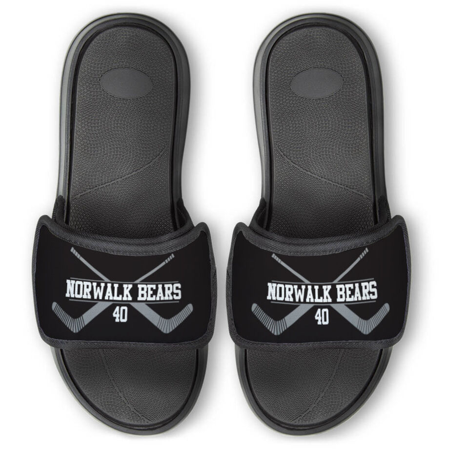 Hockey Repwell&reg; Slide Sandals - Personalized Goalie Crossed Sticks - Personalization Image