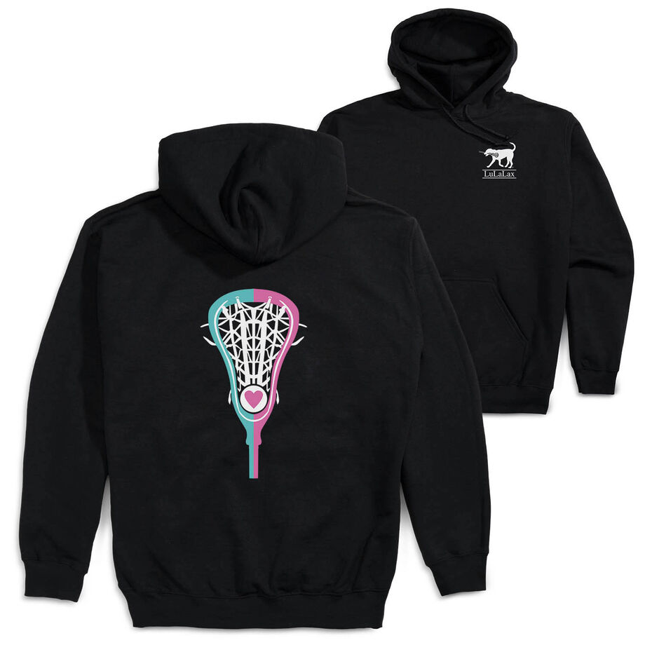 Girls Lacrosse Hooded Sweatshirt - Lacrosse Stick Heart (Back Design) [Adult Medium/Black] - SS
