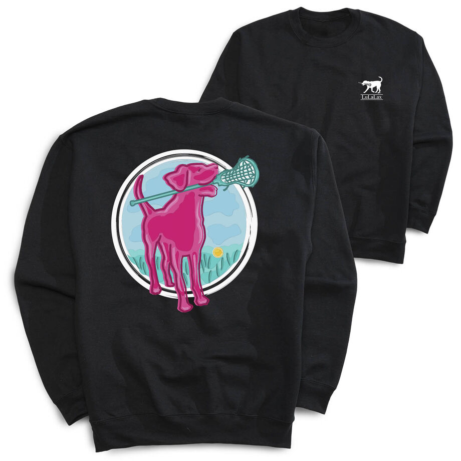 Girls Lacrosse Crewneck Sweatshirt - Lacrosse Dog with Girl Stick (Back Design)