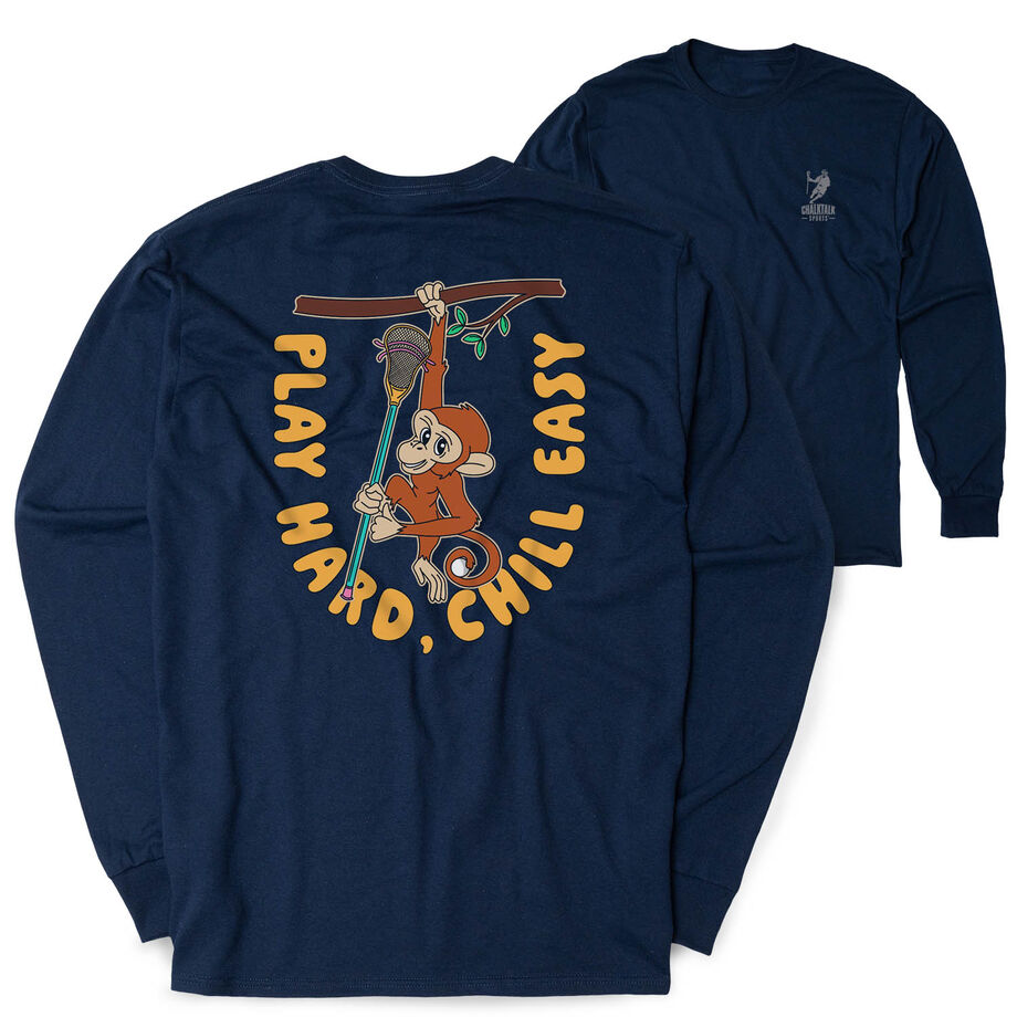Guys Lacrosse Tshirt Long Sleeve - Play Hard, Chill Easy (Back Design)