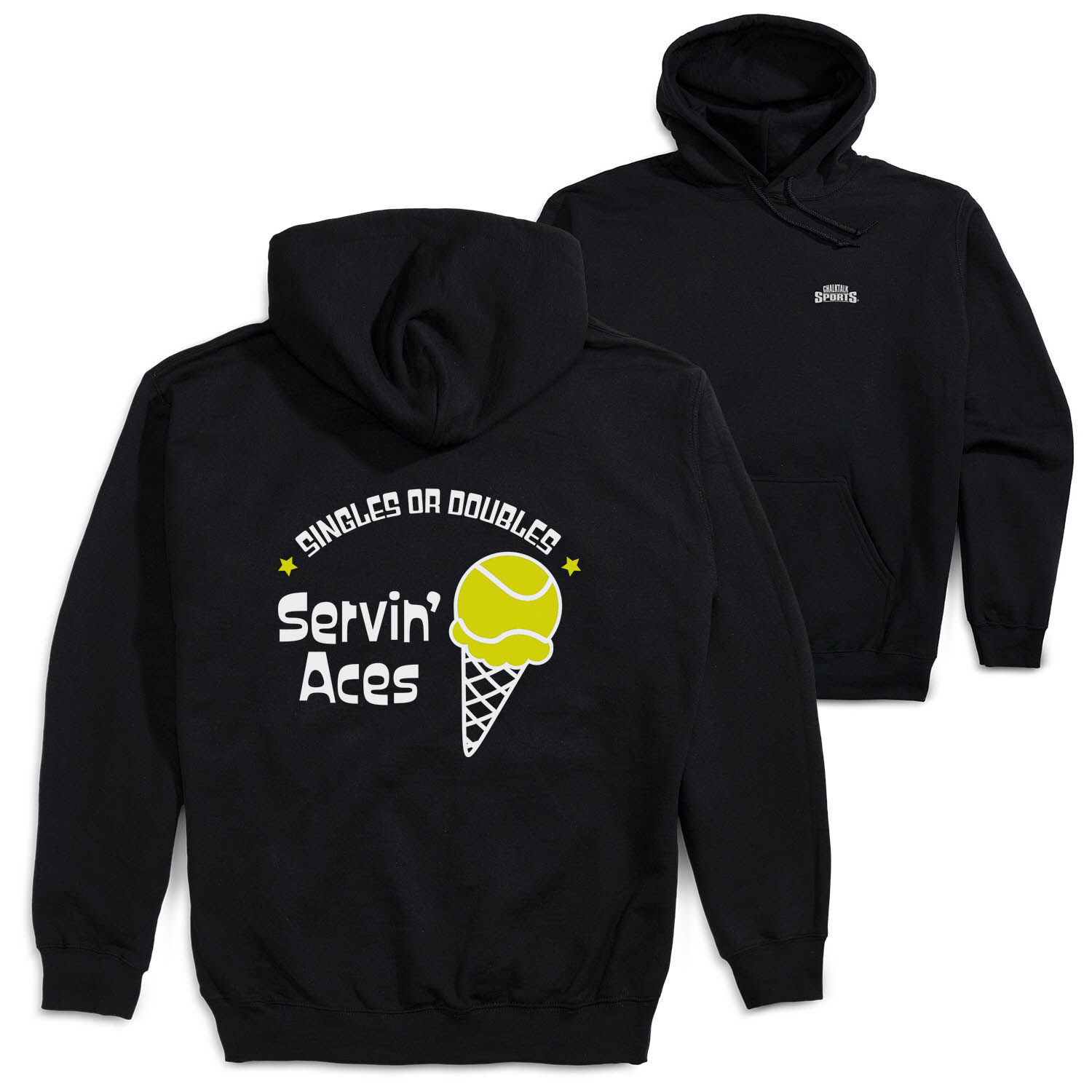 Tennis Hooded Sweatshirt Servin Aces Back Design Black YL Unisex ChalkTalkSPORTS