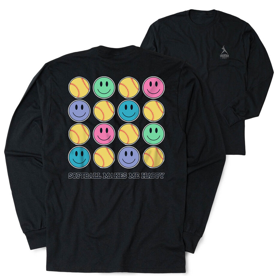Softball Tshirt Long Sleeve - Softball Makes Me Happy (Back Design)