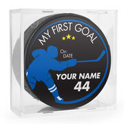 Personalized My First Goal Player Silhouette Hockey Puck