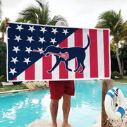 Guys Lacrosse Premium Beach Towel - Patriotic Lacrosse Dog